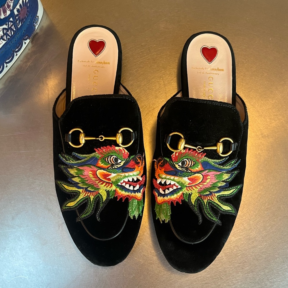 Gucci Black Mules with Colorful Dragon Embroidery